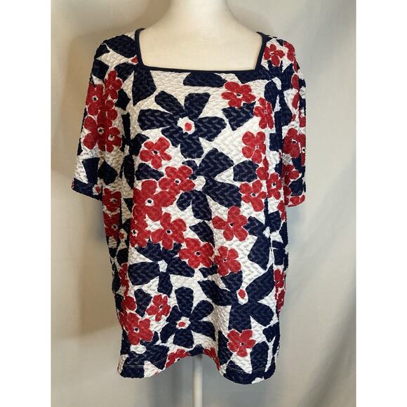 Alfred Dunner Tops - Womens Alfred Dunner Blue/Red/White Floral Short Sleeve Top XL Lined Square Neck